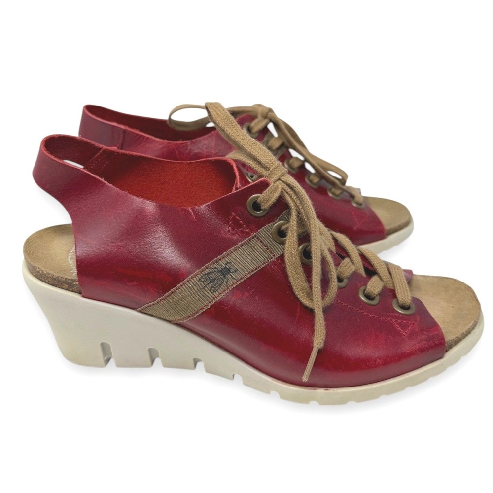 Fly London Lant Women's Red‎ Leather Wedge Lace Up Sandal Size 37 7 US
